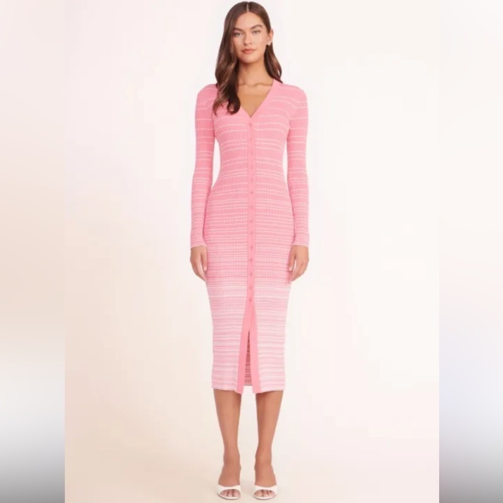 STAUD Pink Striped Ribbed Button-Front Midi Dress - Picture 2 of 9